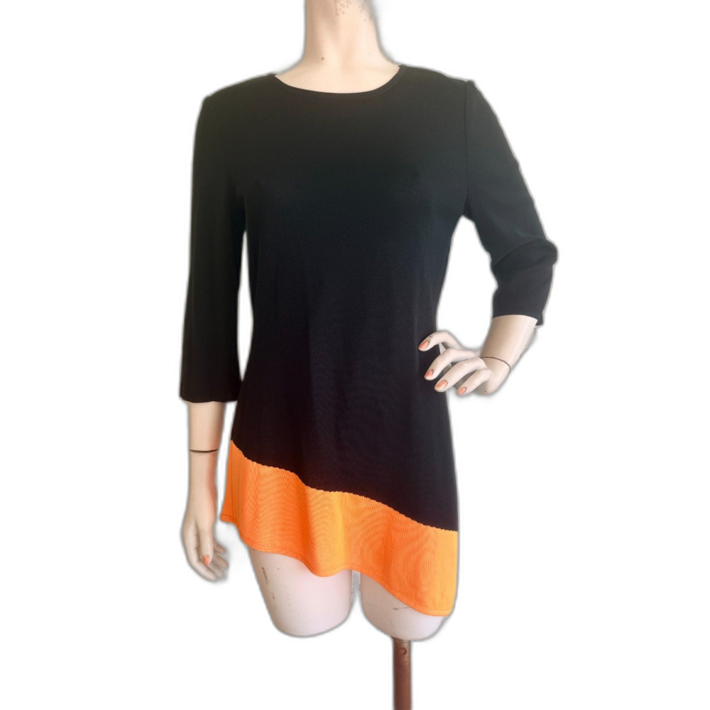 MING WANG Top Blouse Black Orange Asymmetric Hem 3/4 Sleeve Size XS